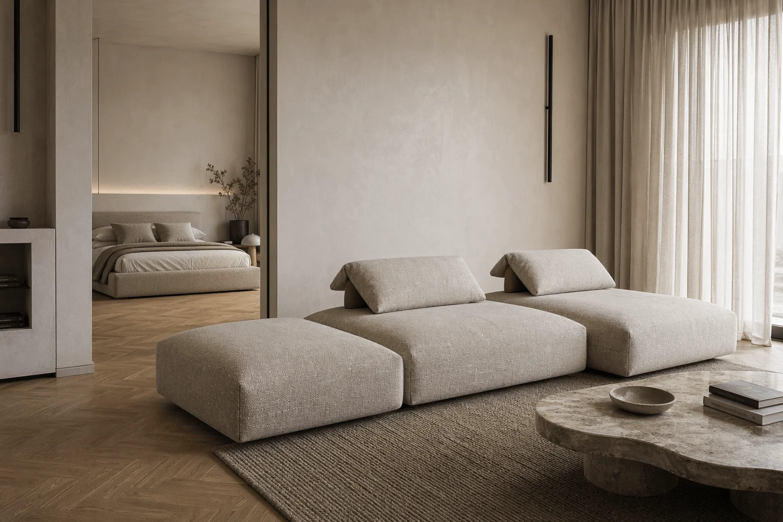 Модульный диван beds.one в светлом интерьере с открытым проходом в спальню